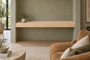 48-inch long, 4-inch thick natural maple floating shelf, wall-to-wall mount, unlit
