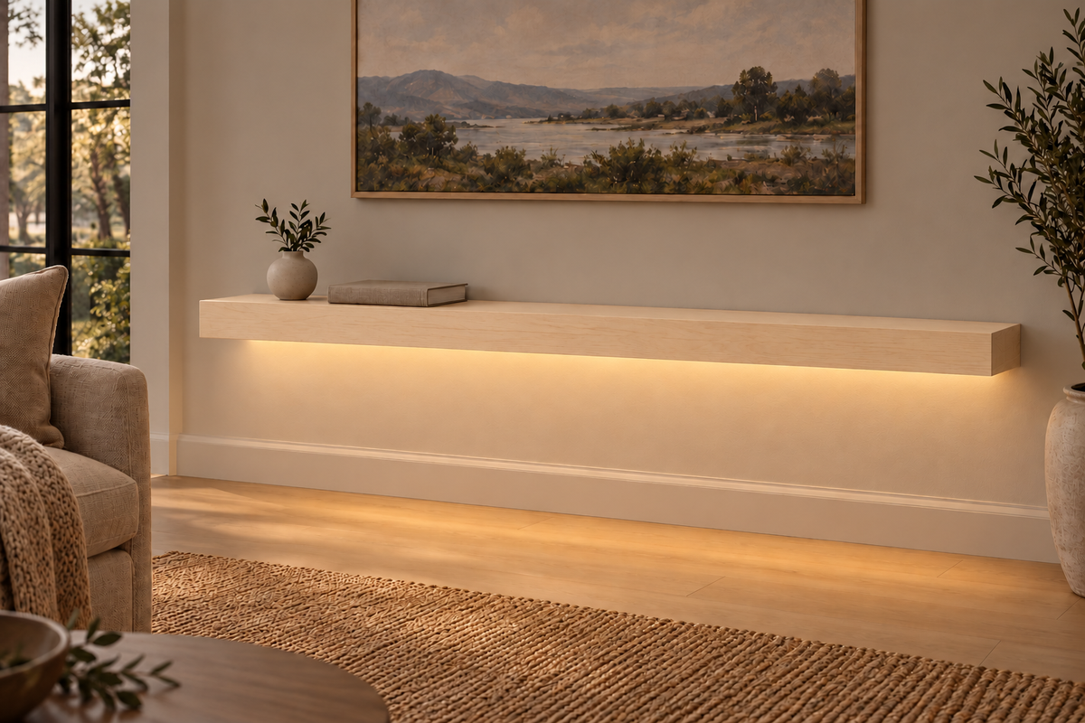 54-inch long, 3-inch thick natural maple floating shelf, standard mount, bottom front LED channel
