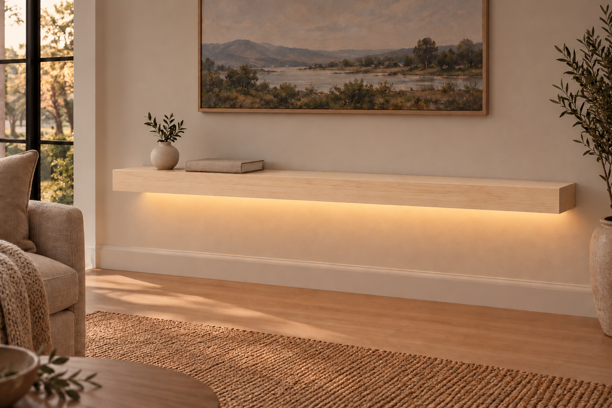 54-inch long, 3-inch thick natural maple floating shelf, standard mount, bottom rear LED channel