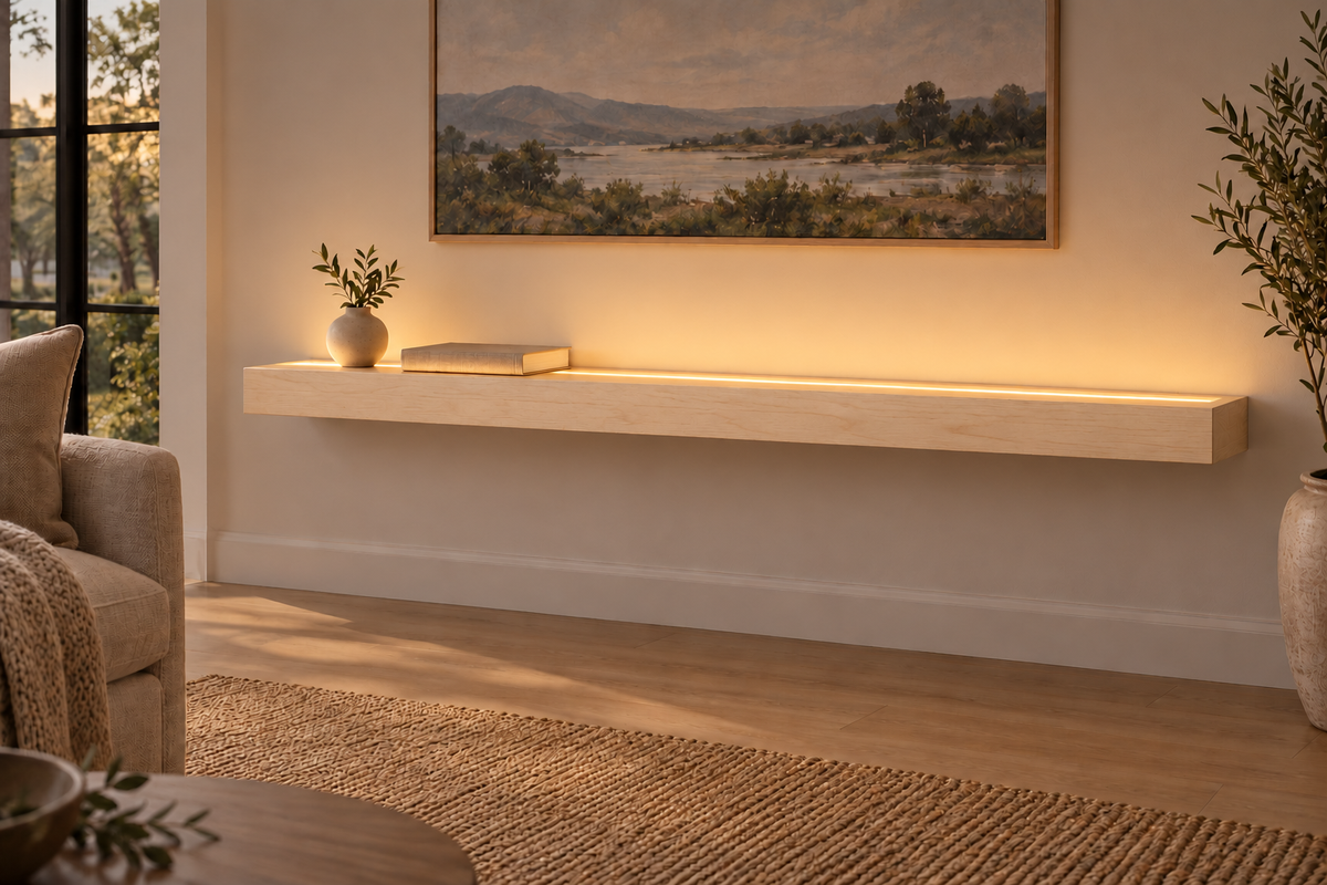 54-inch long, 3-inch thick natural maple floating shelf, standard mount, top front LED channel