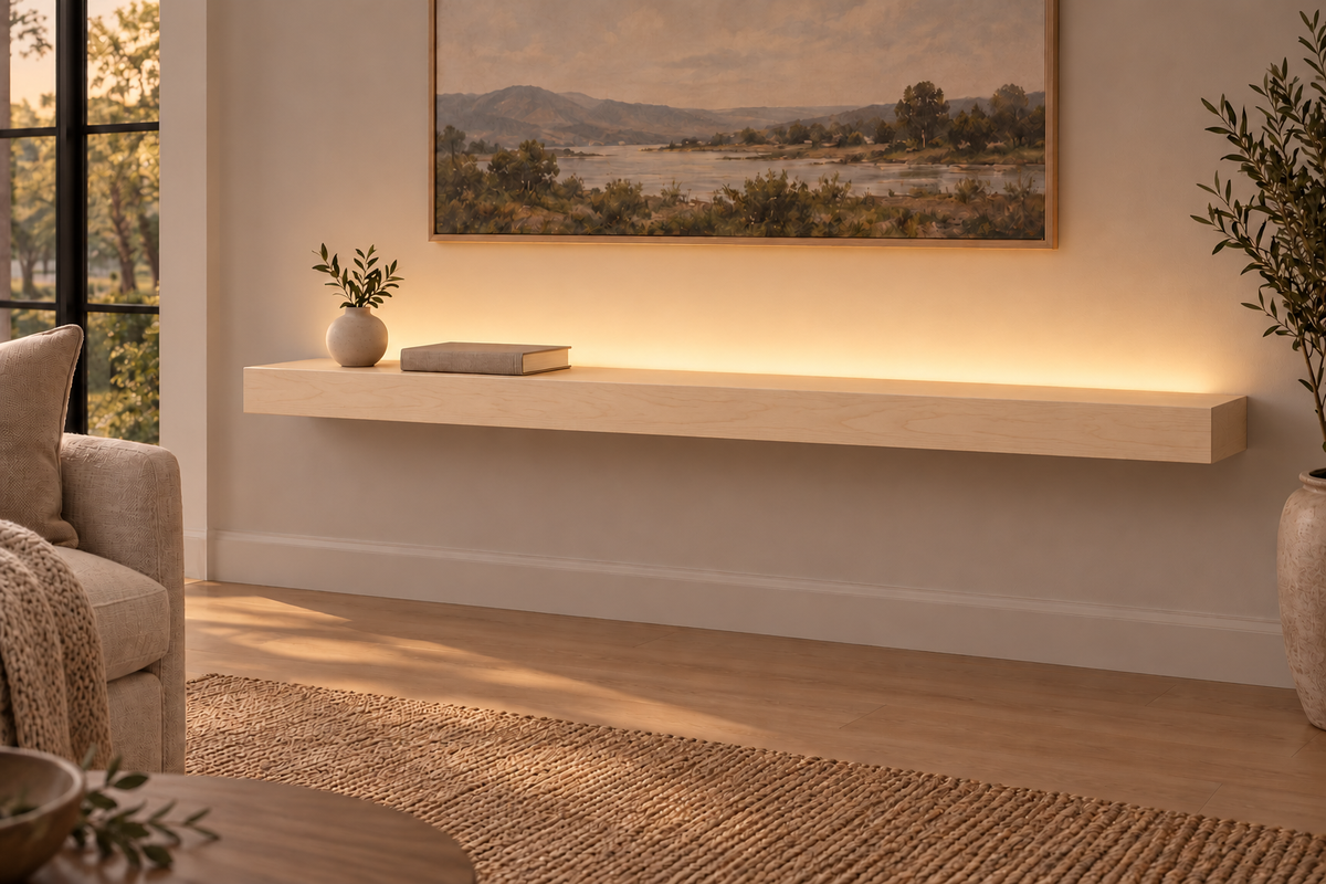 54-inch long, 3-inch thick natural maple floating shelf, standard mount, top rear LED channel