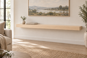 54-inch long, 3-inch thick natural maple floating shelf, standard mount, unlit