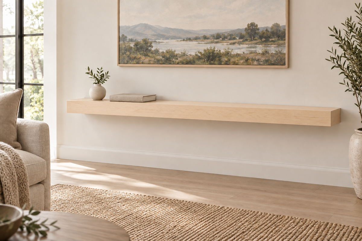 54-inch long, 3-inch thick natural maple floating shelf, standard mount, unlit