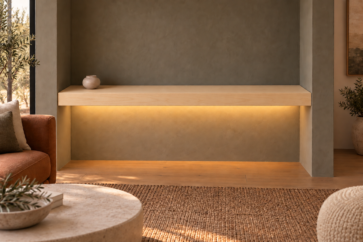 54-inch long, 3-inch thick natural maple floating shelf, wall-to-wall mount, bottom rear LED channel