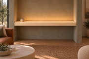 54-inch long, 3-inch thick natural maple floating shelf, wall-to-wall mount, top front LED channel