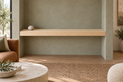 54-inch long, 3-inch thick natural maple floating shelf, wall-to-wall mount, unlit