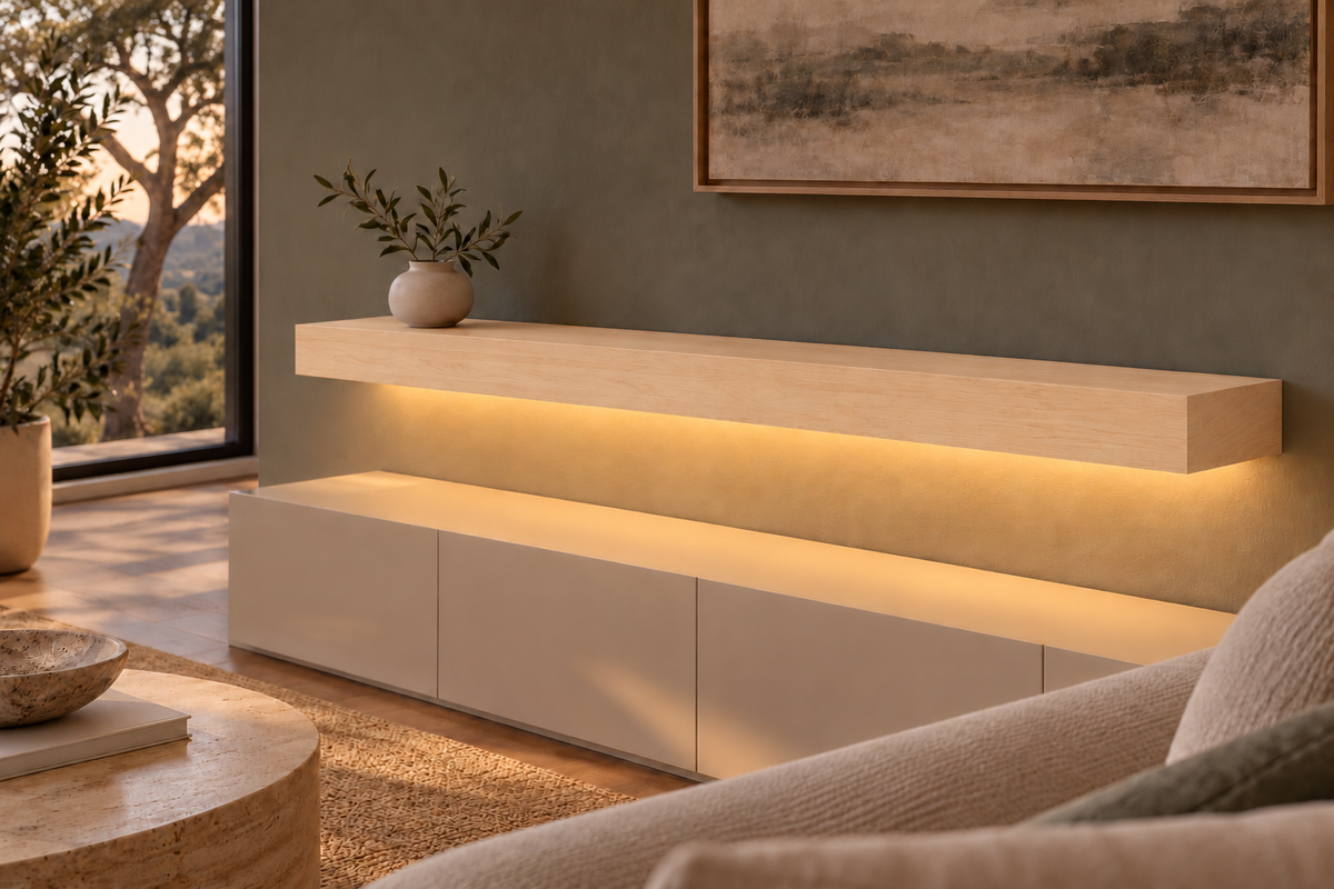 54-inch long, 4-inch thick natural maple floating shelf, standard mount, bottom front LED channel