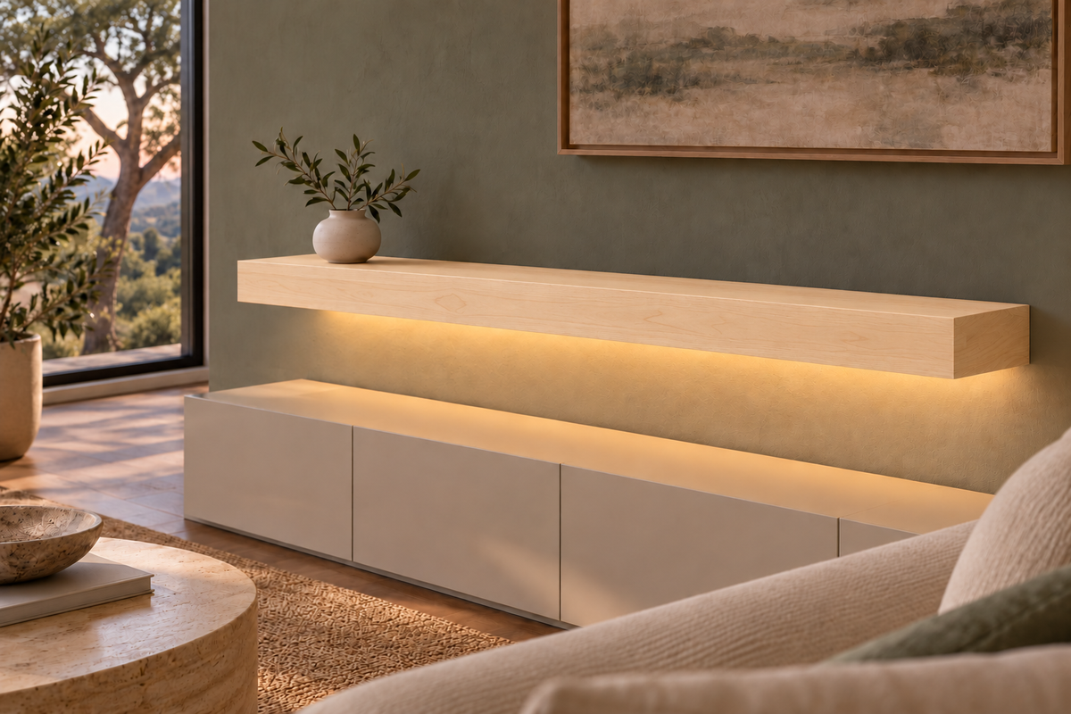 54-inch long, 4-inch thick natural maple floating shelf, standard mount, bottom rear LED channel
