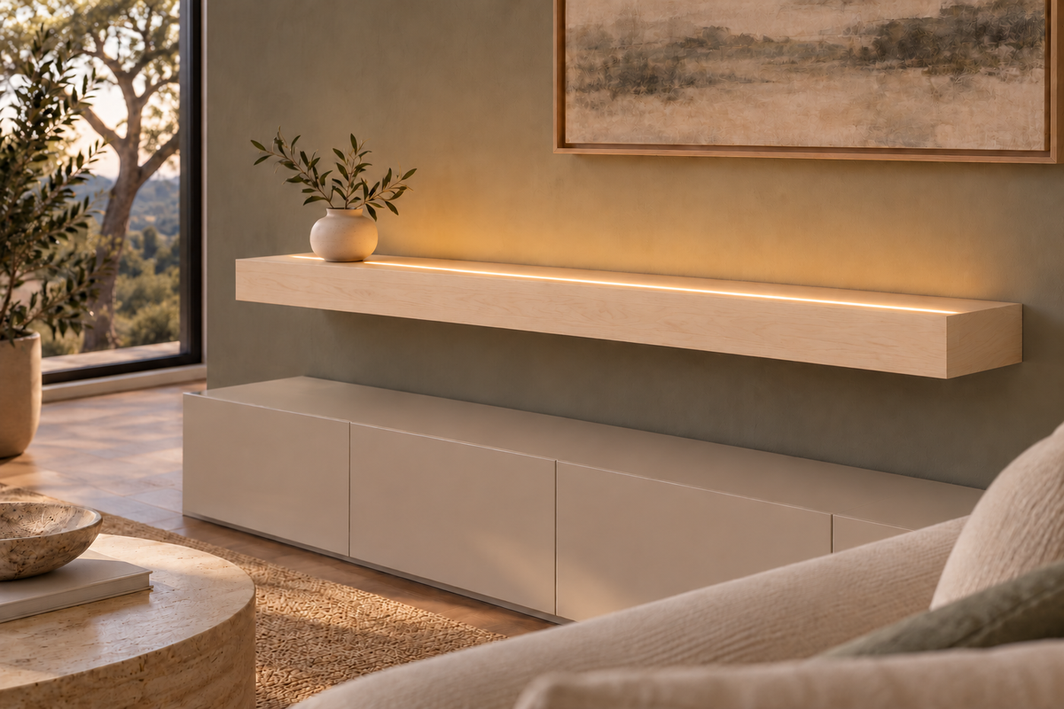 54-inch long, 4-inch thick natural maple floating shelf, standard mount, top front LED channel