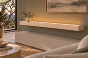 54-inch long, 4-inch thick natural maple floating shelf, standard mount, top front LED channel