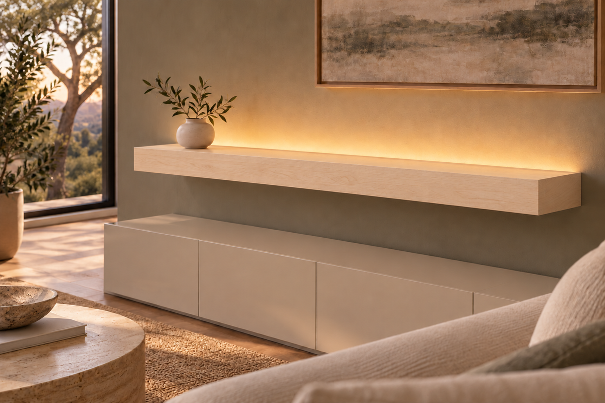 54-inch long, 4-inch thick natural maple floating shelf, standard mount, top rear LED channel