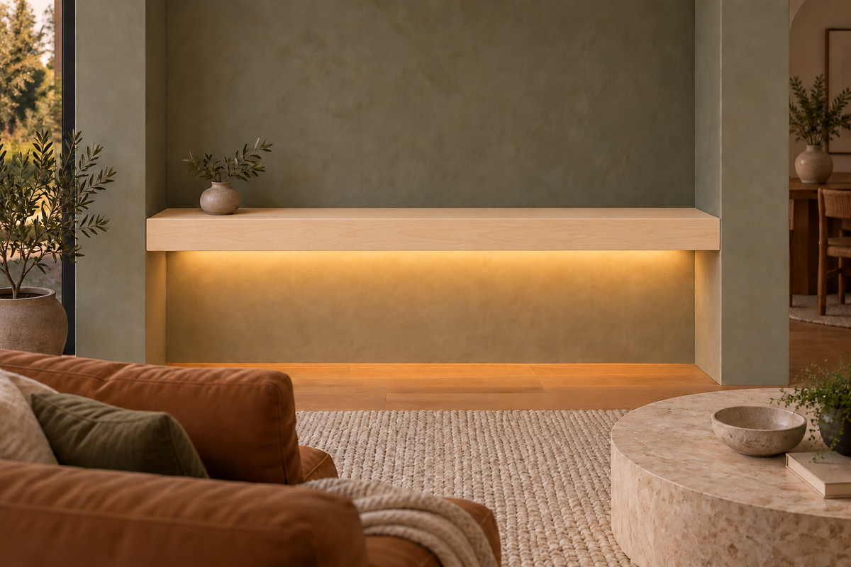 54-inch long, 4-inch thick natural maple floating shelf, wall-to-wall mount, bottom rear LED channel