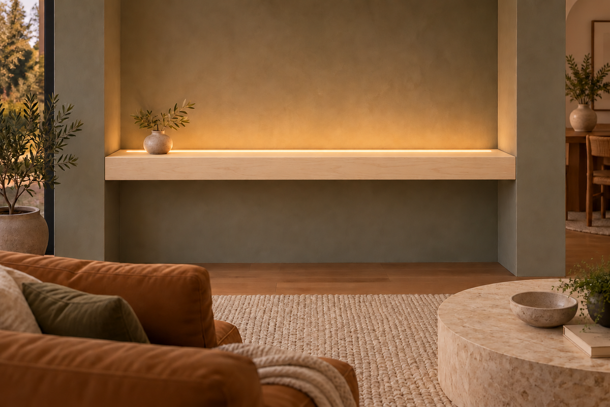 54-inch long, 4-inch thick natural maple floating shelf, wall-to-wall mount, top front LED channel