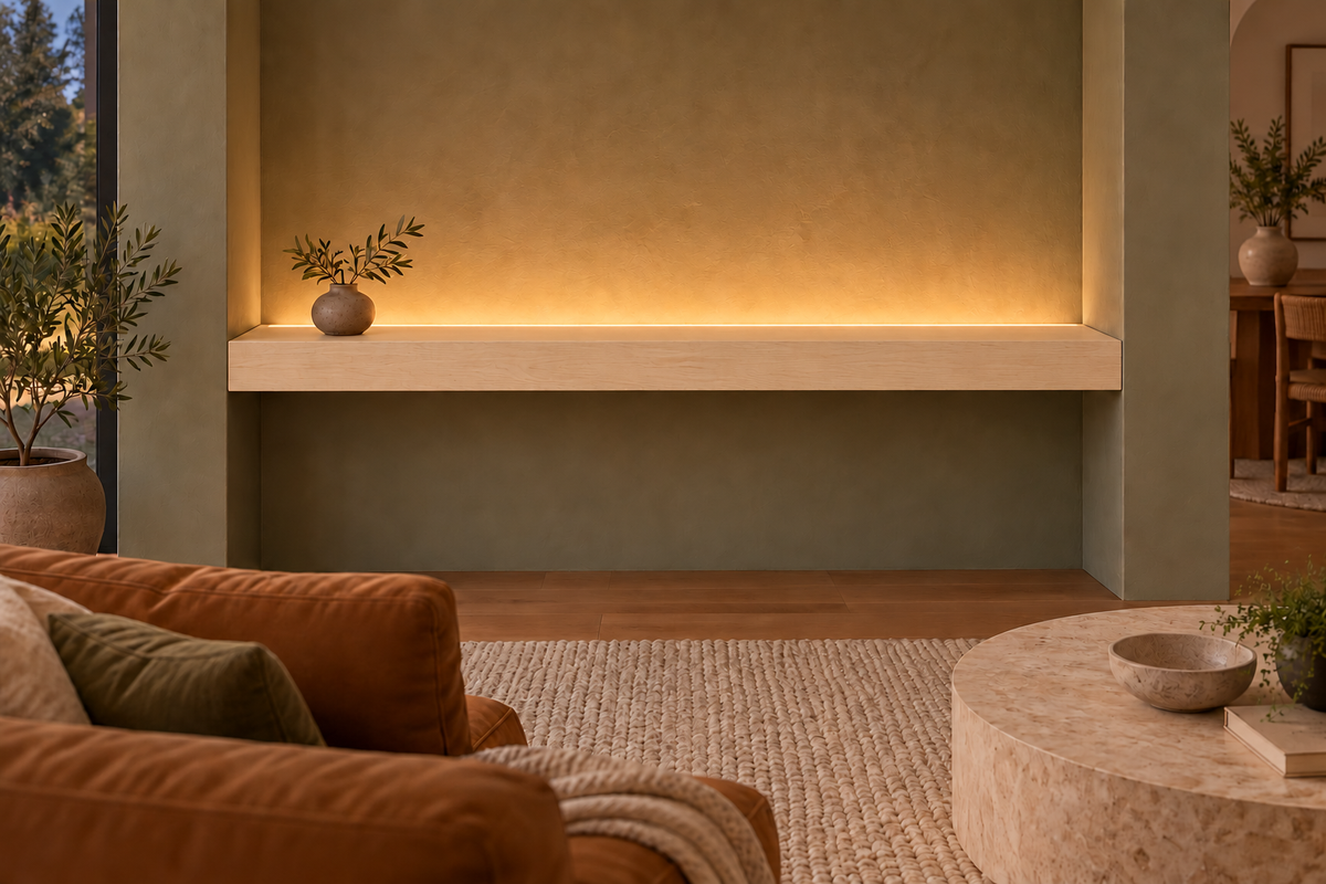 54-inch long, 4-inch thick natural maple floating shelf, wall-to-wall mount, top rear LED channel