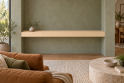 54-inch long, 4-inch thick natural maple floating shelf, wall-to-wall mount, unlit
