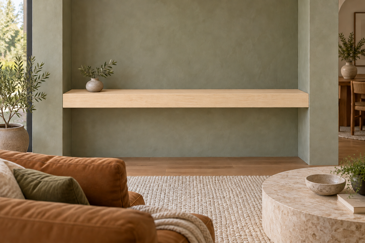 54-inch long, 4-inch thick natural maple floating shelf, wall-to-wall mount, unlit