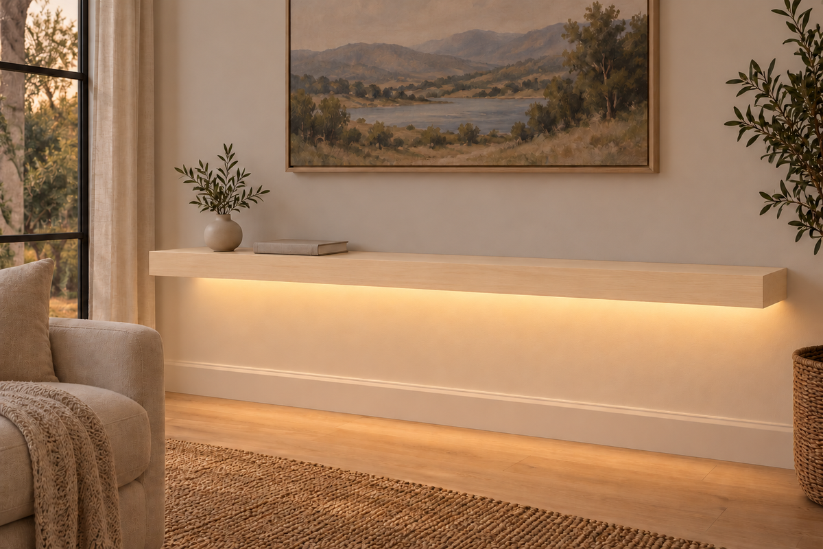 60-inch long, 3-inch thick natural maple floating shelf, standard mount, bottom front LED channel