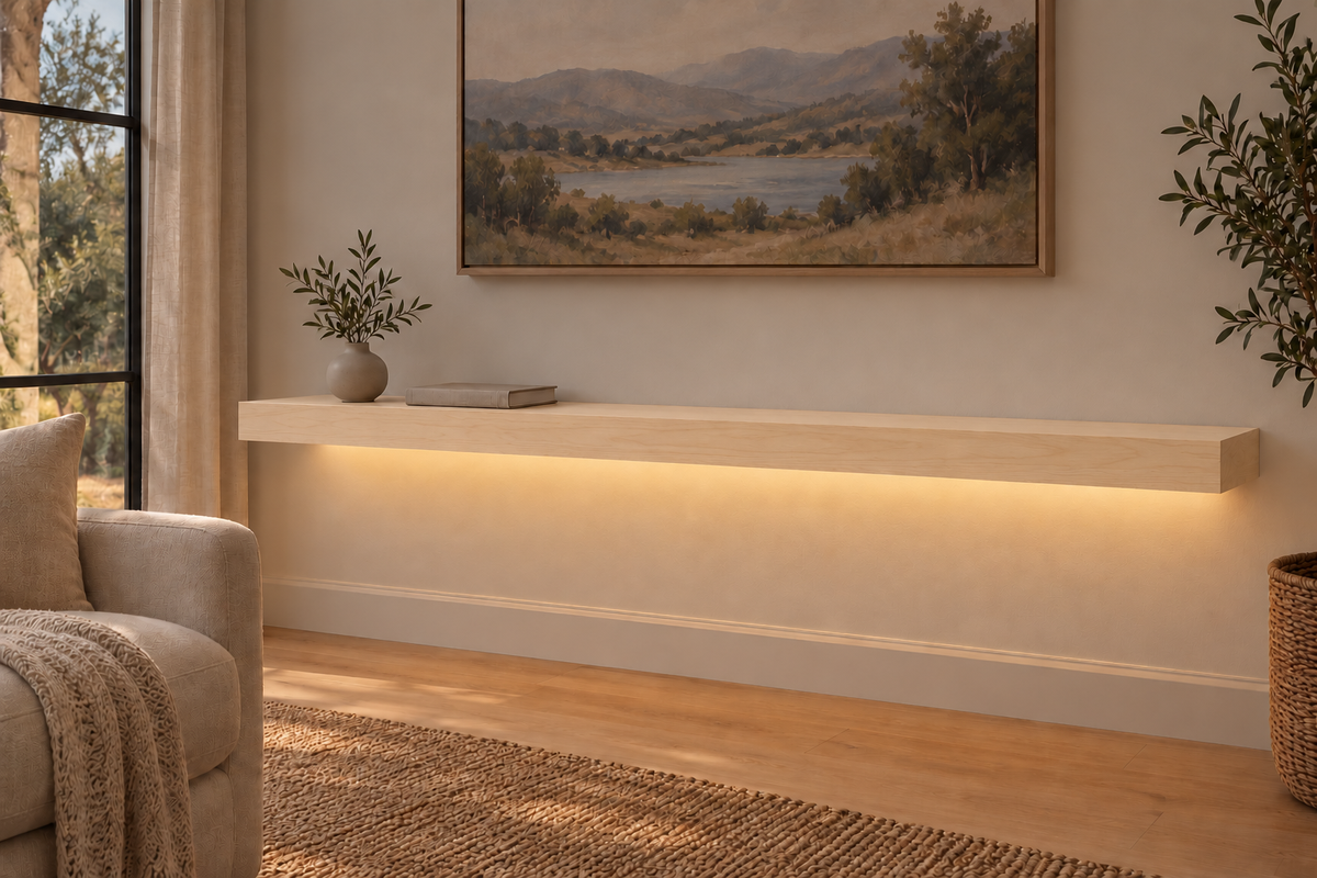 60-inch long, 3-inch thick natural maple floating shelf, standard mount, bottom rear LED channel