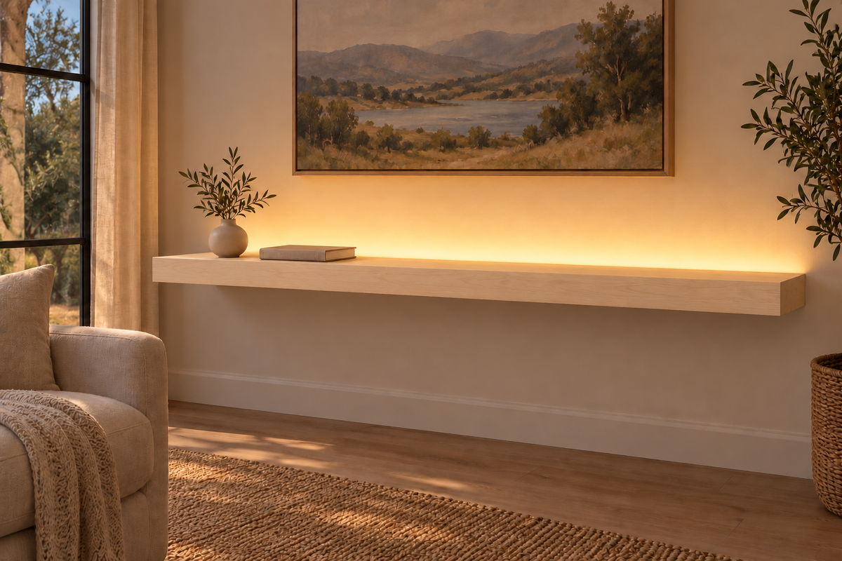 60-inch long, 3-inch thick natural maple floating shelf, standard mount, top rear LED channel