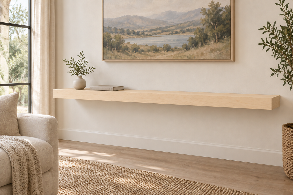 60-inch long, 3-inch thick natural maple floating shelf, standard mount, unlit