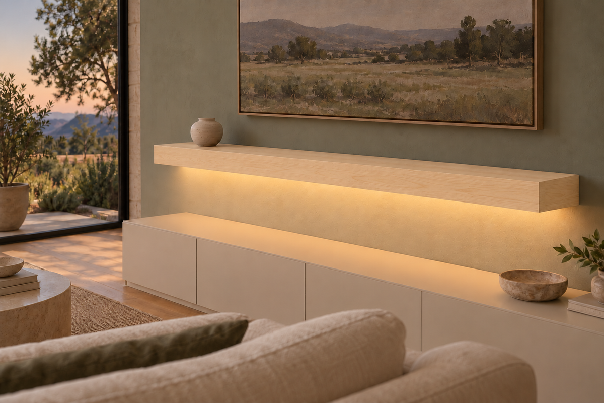 60-inch long, 4-inch thick natural maple floating shelf, standard mount, bottom front LED channel