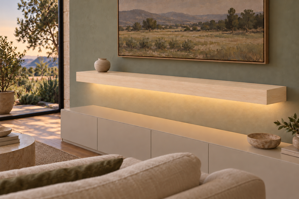 60-inch long, 4-inch thick natural maple floating shelf, standard mount, bottom rear LED channel