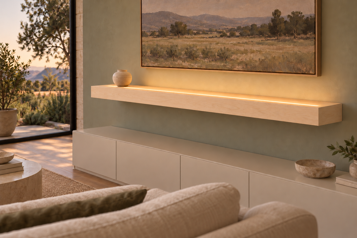 60-inch long, 4-inch thick natural maple floating shelf, standard mount, top front LED channel