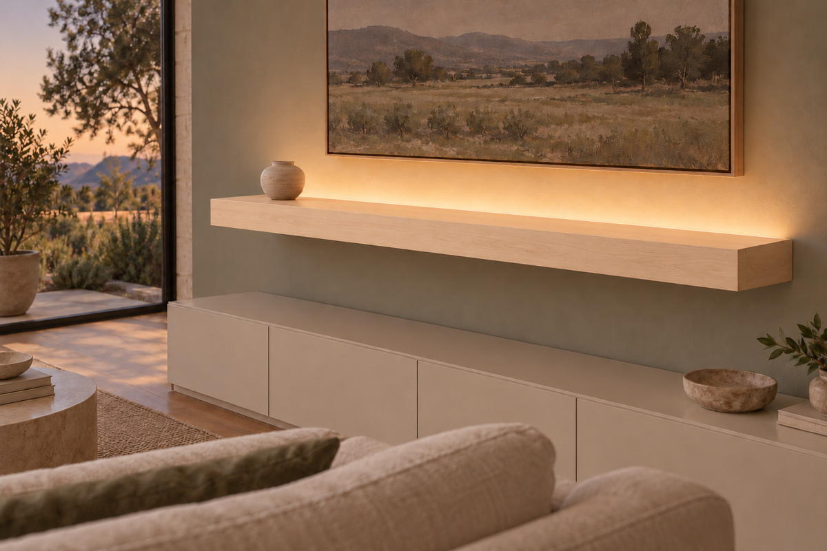 60-inch long, 4-inch thick natural maple floating shelf, standard mount, top rear LED channel