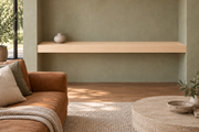 60-inch long, 4-inch thick natural maple floating shelf, wall-to-wall mount, unlit