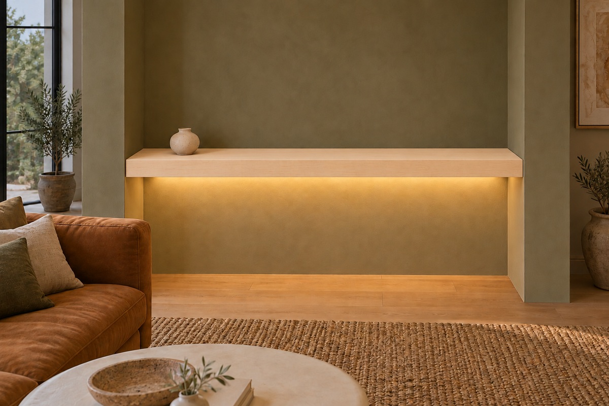 66 × 10 × 3 inch natural maple floating shelf, wall-to-wall mount, bottom rear LED channel