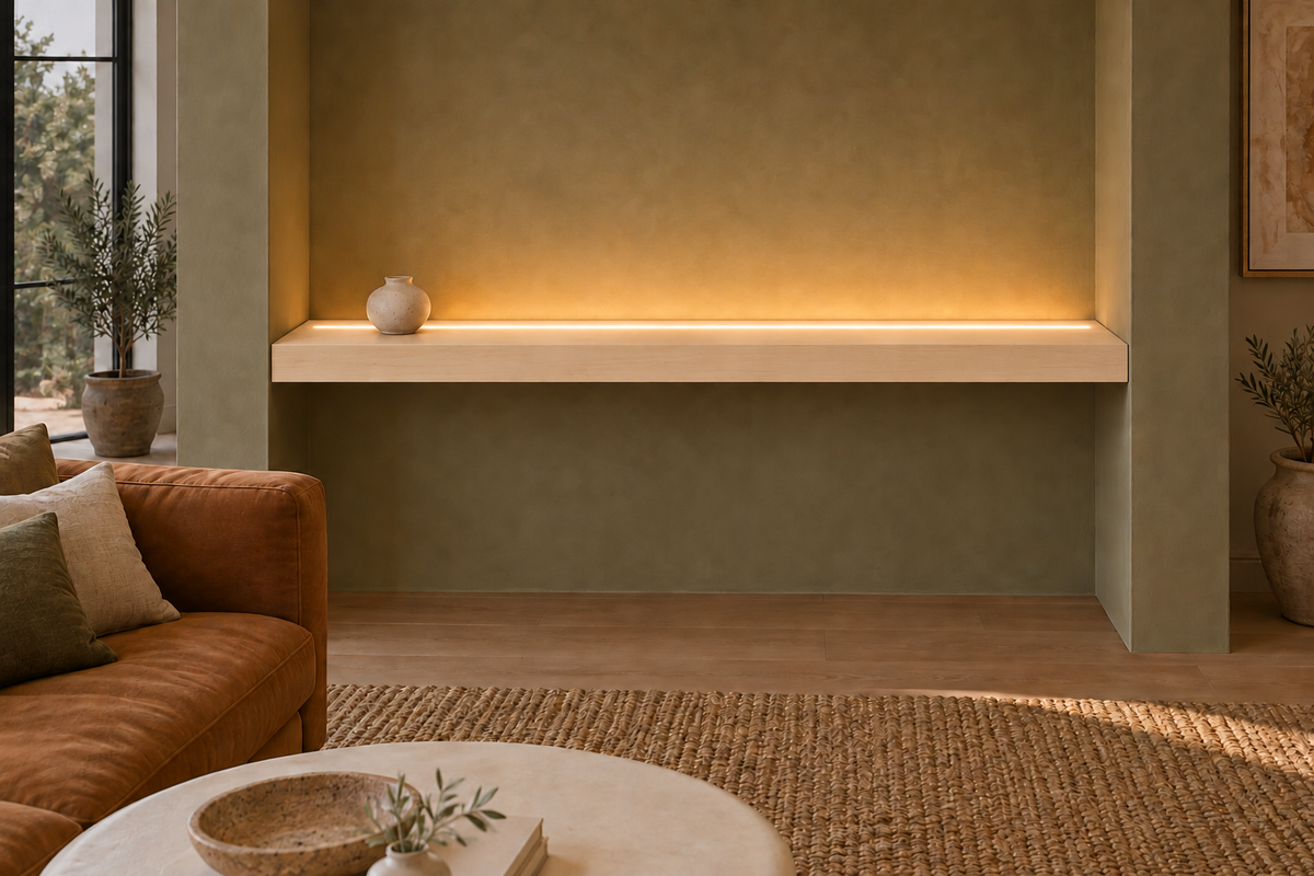 66 × 10 × 3 inch natural maple floating shelf, wall-to-wall mount, top front LED channel