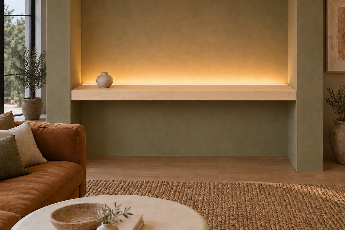 66 × 10 × 3 inch natural maple floating shelf, wall-to-wall mount, top rear LED channel