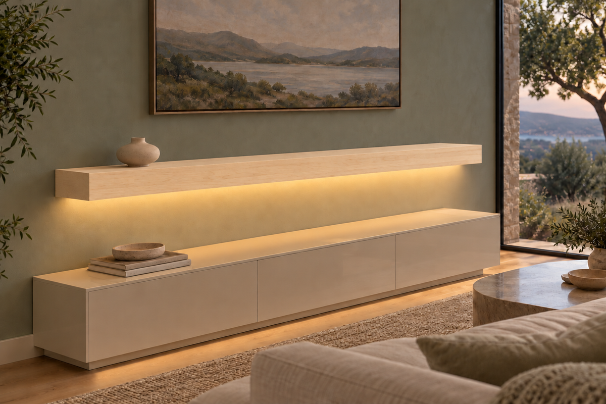 66 × 10 × 4 inch natural maple floating shelf, standard mount, bottom front LED channel