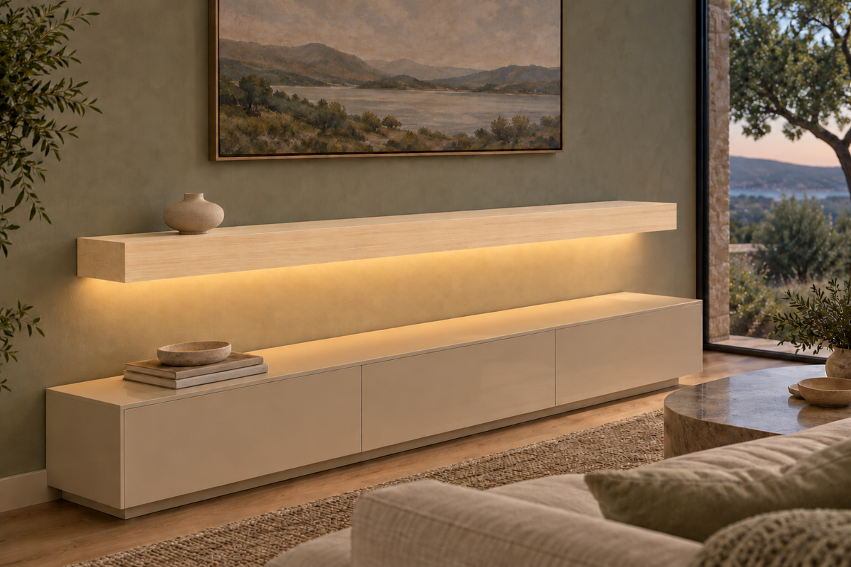 66 × 10 × 4 inch natural maple floating shelf, standard mount, bottom rear LED channel