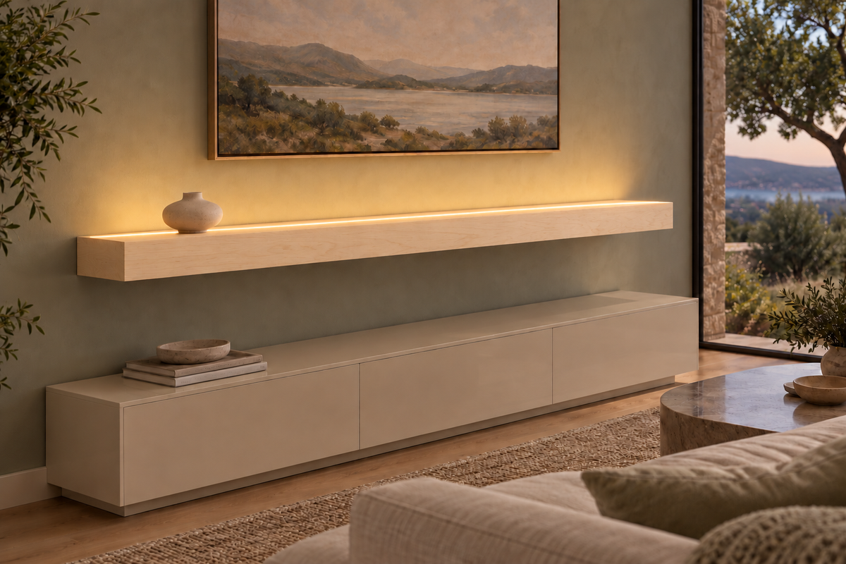66 × 10 × 4 inch natural maple floating shelf, standard mount, top front LED channel