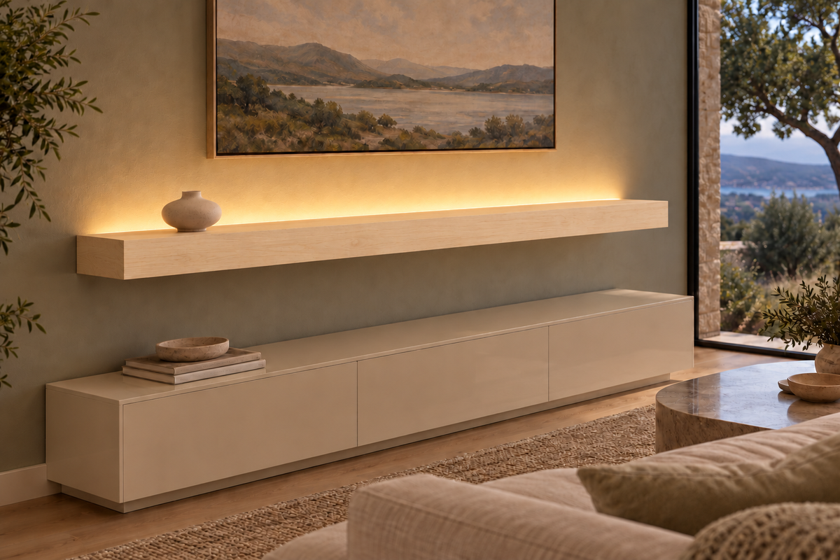 66 × 10 × 4 inch natural maple floating shelf, standard mount, top rear LED channel