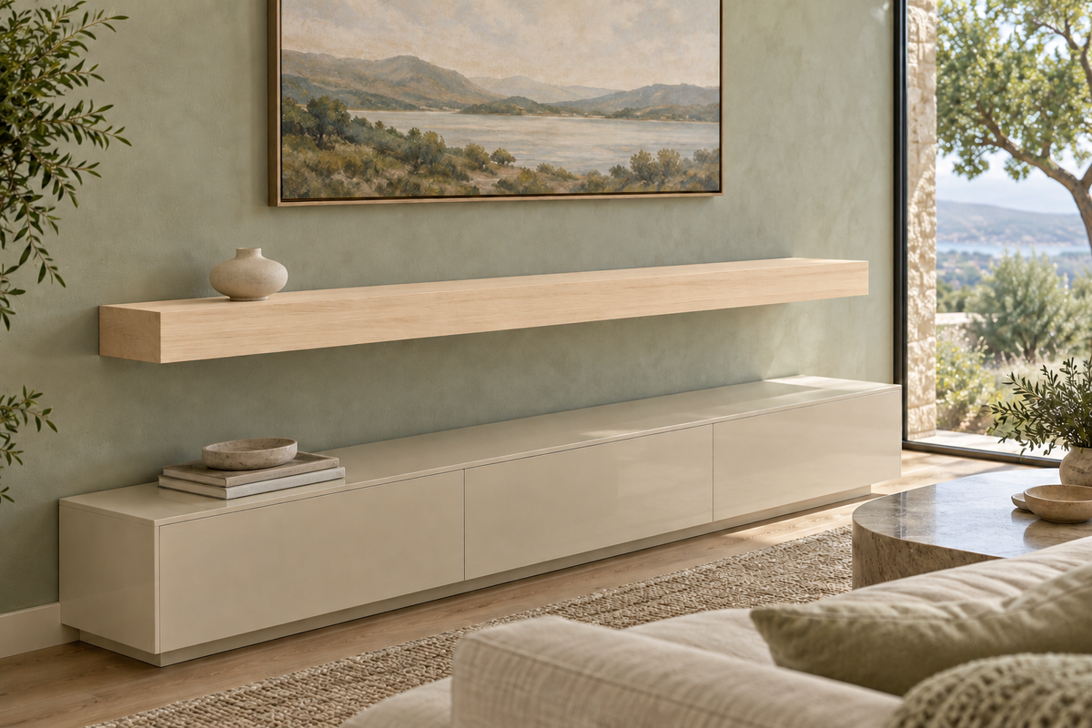66 × 10 × 4 inch natural maple floating shelf, standard mount, unlit