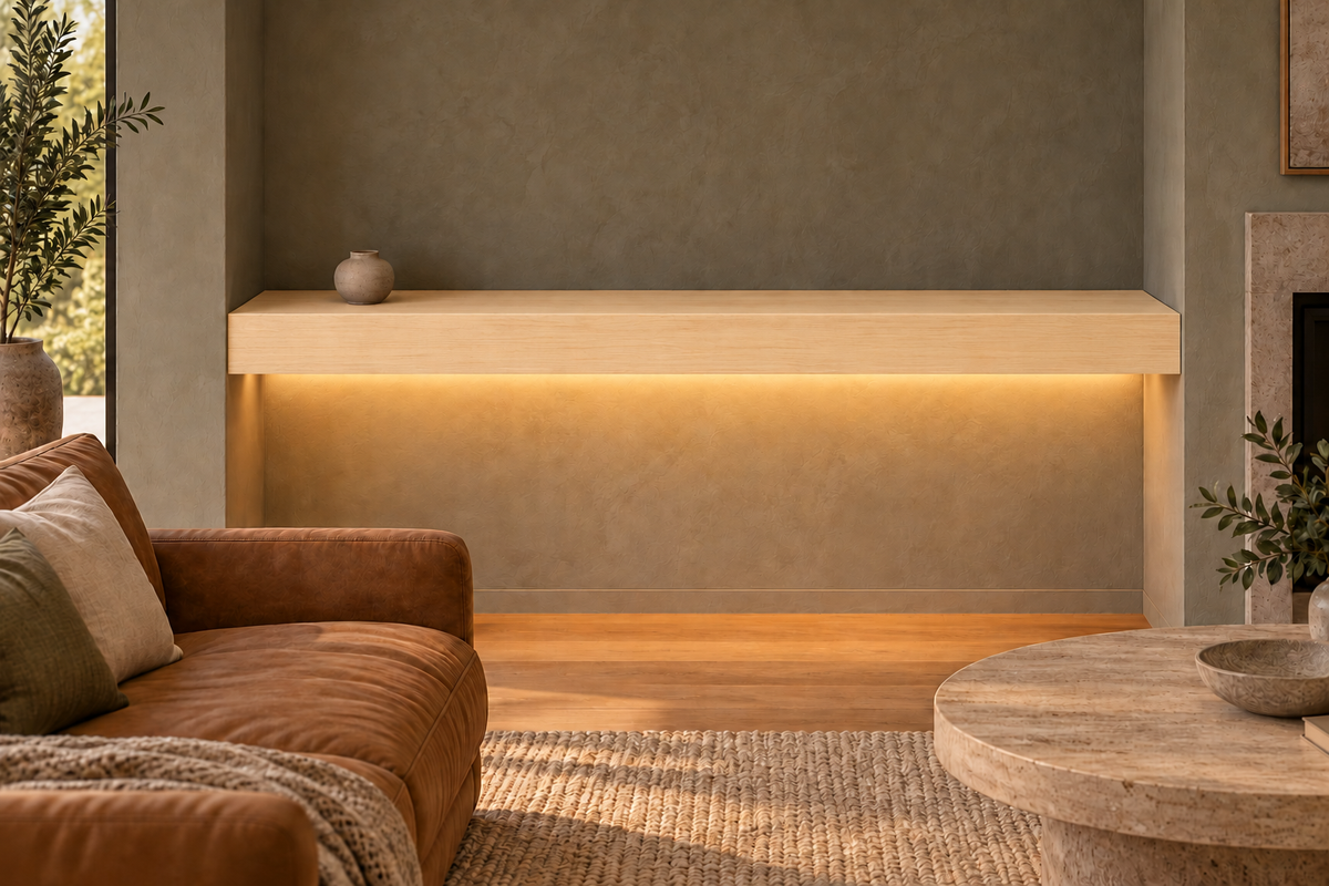 66 × 10 × 4 inch natural maple floating shelf, wall-to-wall mount, bottom front LED channel