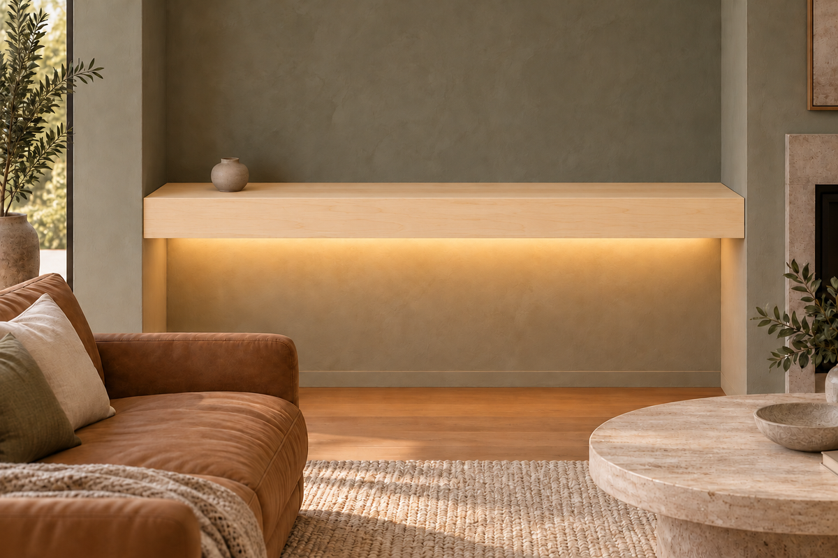 66 × 10 × 4 inch natural maple floating shelf, wall-to-wall mount, bottom rear LED channel