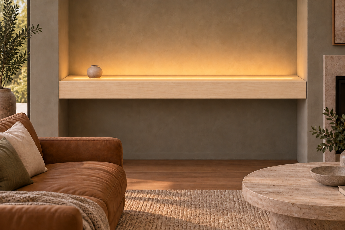 66 × 10 × 4 inch natural maple floating shelf, wall-to-wall mount, top front LED channel