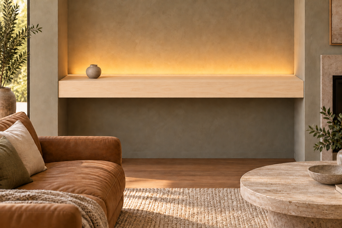 66 × 10 × 4 inch natural maple floating shelf, wall-to-wall mount, top rear LED channel
