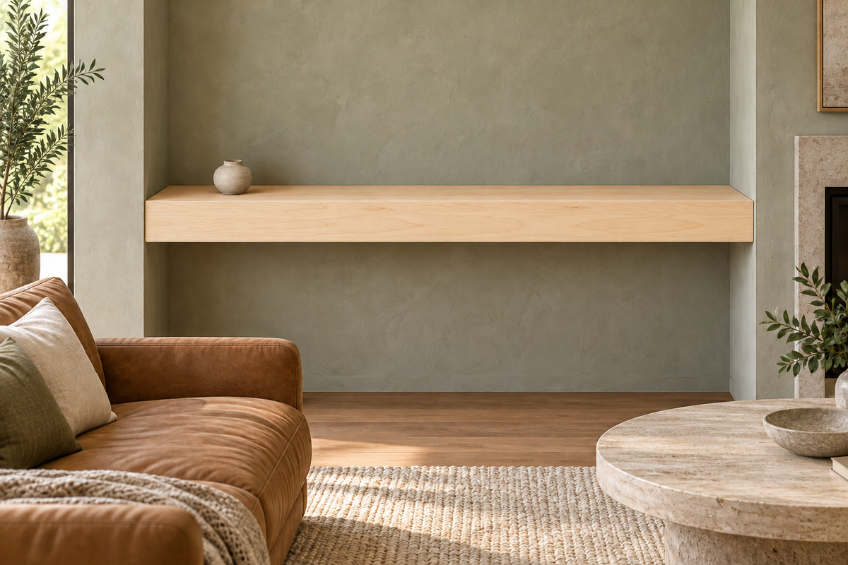 66 × 10 × 4 inch natural maple floating shelf, wall-to-wall mount, unlit