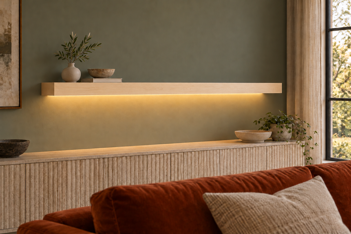 66 × 8 × 3 inch natural maple floating shelf, standard mount, bottom front LED channel