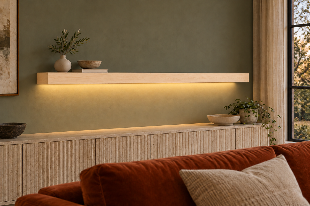 66 × 8 × 3 inch natural maple floating shelf, standard mount, bottom rear LED channel