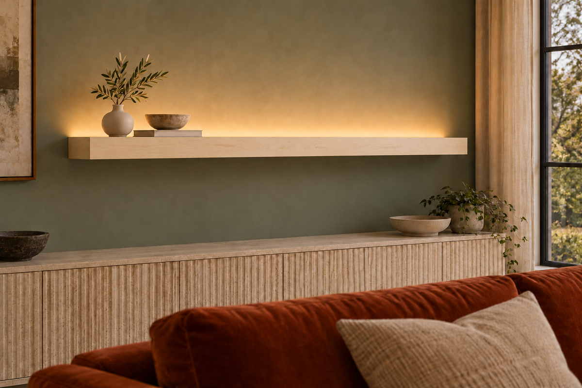 66 × 8 × 3 inch natural maple floating shelf, standard mount, top rear LED channel