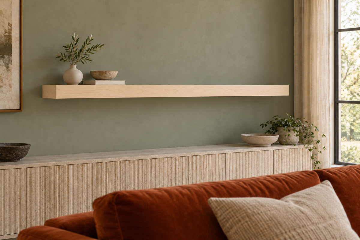 66 × 8 × 3 inch natural maple floating shelf, standard mount, unlit