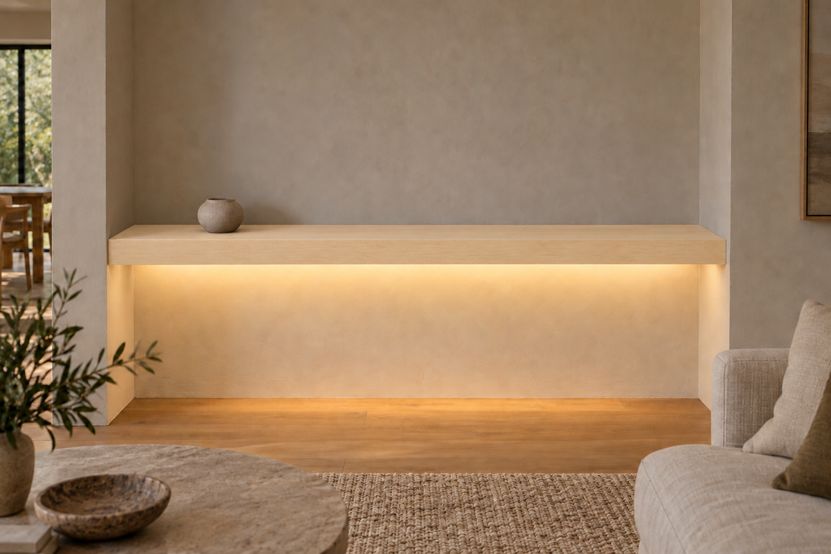 66 × 8 × 3 inch natural maple floating shelf, wall-to-wall mount, bottom front LED channel