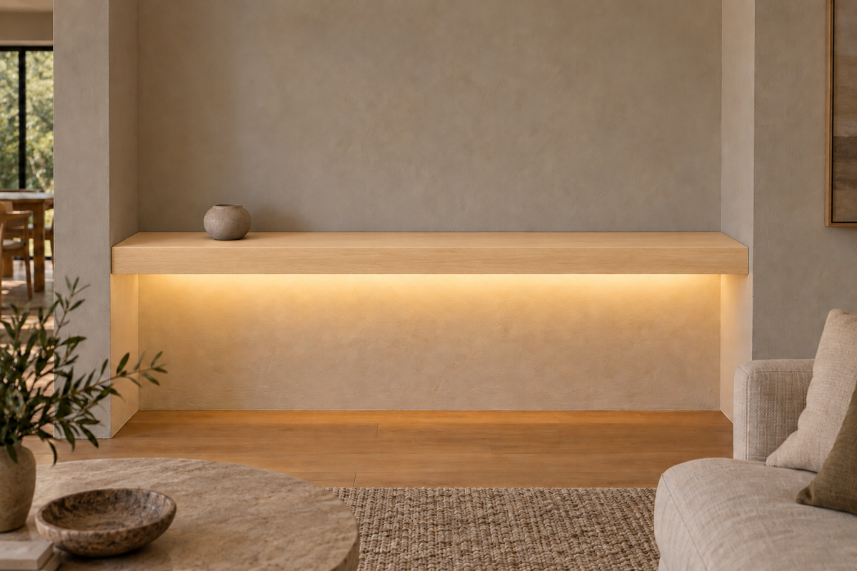 66 × 8 × 3 inch natural maple floating shelf, wall-to-wall mount, bottom rear LED channel