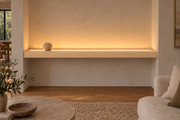 66 × 8 × 3 inch natural maple floating shelf, wall-to-wall mount, top front LED channel