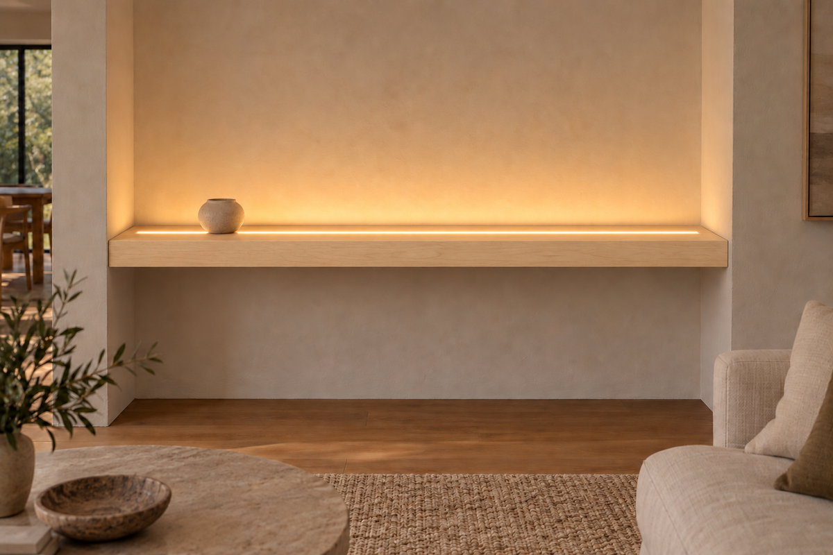 66 × 8 × 3 inch natural maple floating shelf, wall-to-wall mount, top front LED channel